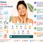 Infographic explaining common skin care myths and health facts, featuring healthy skin habits, sun protection, hydration, acne prevention, moisturizing, and evidence-based skin care practices for maintaining healthy skin