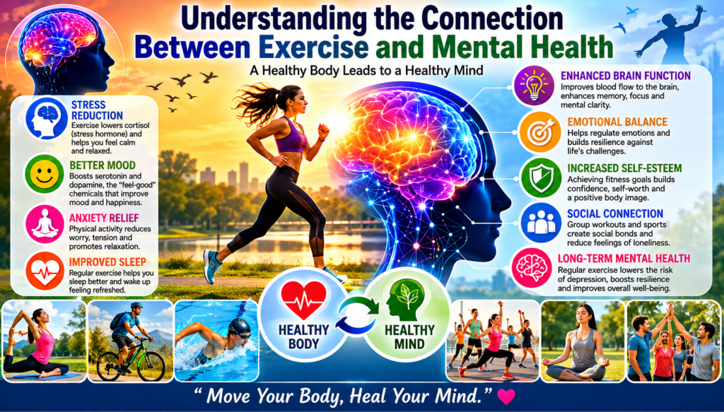 A colorful infographic illustrating the connection between exercise and mental health, featuring a woman jogging beside a glowing brain graphic. The image highlights benefits such as stress reduction, improved mood, anxiety relief, better sleep, enhanced brain function, emotional resilience, increased self-esteem, social connection, and long-term mental well-being