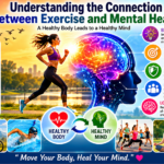 A colorful infographic illustrating the connection between exercise and mental health, featuring a woman jogging beside a glowing brain graphic. The image highlights benefits such as stress reduction, improved mood, anxiety relief, better sleep, enhanced brain function, emotional resilience, increased self-esteem, social connection, and long-term mental well-being