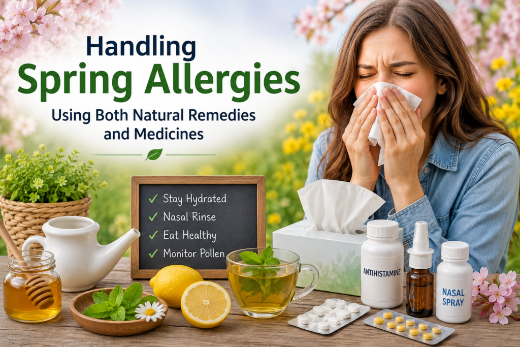 A woman experiencing spring allergy symptoms outdoors, surrounded by blooming flowers, with natural remedies such as honey, lemon, herbal tea, and medicinal treatments including antihistamines and nasal sprays displayed on a table