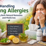 A woman experiencing spring allergy symptoms outdoors, surrounded by blooming flowers, with natural remedies such as honey, lemon, herbal tea, and medicinal treatments including antihistamines and nasal sprays displayed on a table