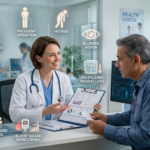 Doctor discussing early diabetes symptoms and blood sugar test results with a patient in a modern clinic, highlighting frequent thirst, fatigue, blurred vision, and glucose monitoring