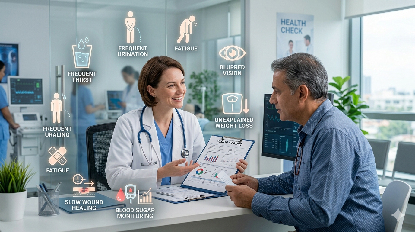 Doctor discussing early diabetes symptoms and blood sugar test results with a patient in a modern clinic, highlighting frequent thirst, fatigue, blurred vision, and glucose monitoring