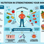 A bright, sunlit kitchen counter beautifully arranged with a variety of vibrant, immune-boosting foods, including citrus fruits, leafy greens, salmon, eggs, nuts, seeds, garlic, and fermented jars, highlighting a natural and holistic approach to nutrition