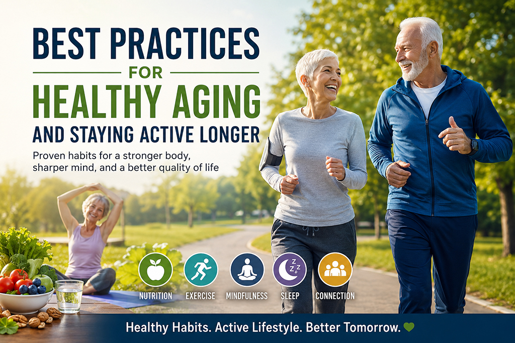 Healthy older adults walking together in a park, representing active aging, fitness, and lifelong wellness.