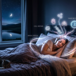 A peaceful nighttime scene showing a person sleeping comfortably in a cozy bedroom while symbols representing brain health, heart health, immunity, energy, and emotional well-being surround them. The image illustrates the importance of quality sleep for maintaining overall physical and mental health