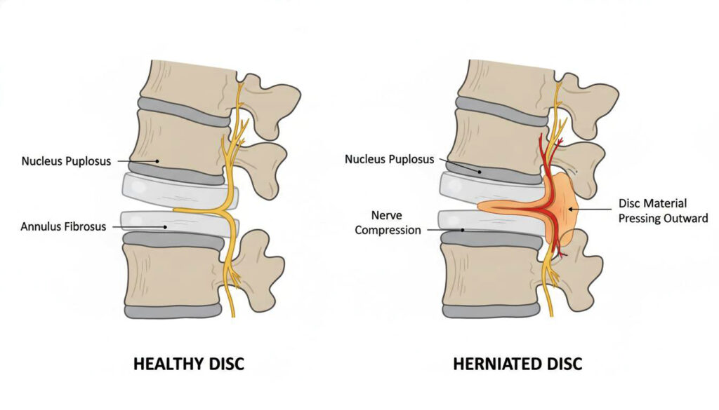 Healthy disc and herniated disc