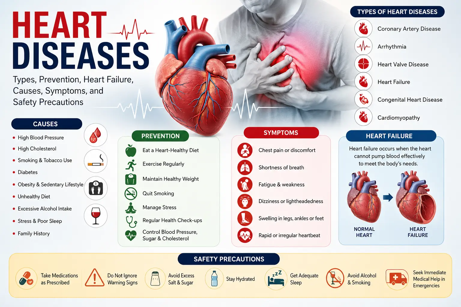 Heart Diseases: Types, Prevention, Heart Failure, Causes, Symptoms and Safety Precautions